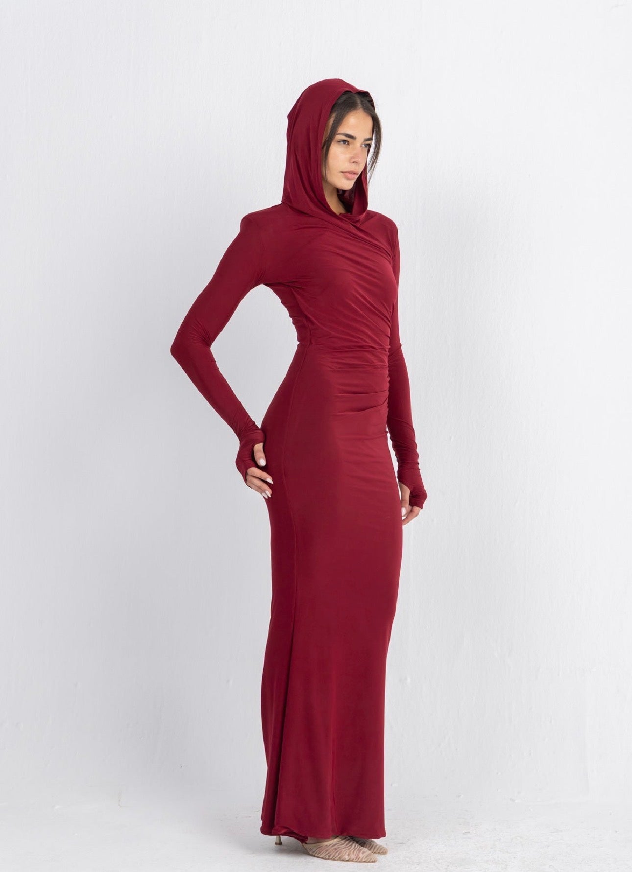 Hera Hooded Dress – Burgundy | Double Layer Lycra | Ruffled Side Detail