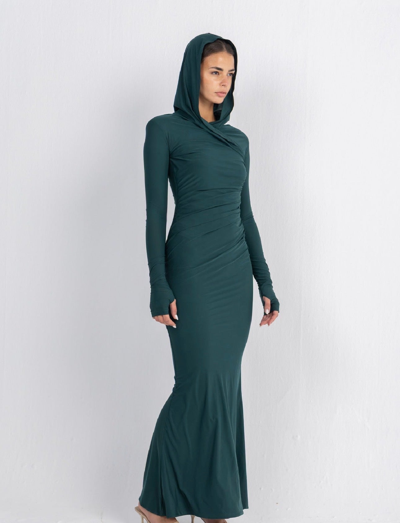 Hera Hooded Dress – Emerald | Double Layer Lycra | Ruffled Side Detail
