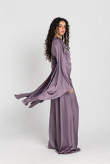 Sun Dress in Lilac – floor-length satin maxi dress with flared sleeves and gathered waist
