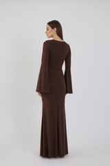 Valentina Long Sleeve Maxi Dress - Chocolate Brown - Flowy Double Layered Gown