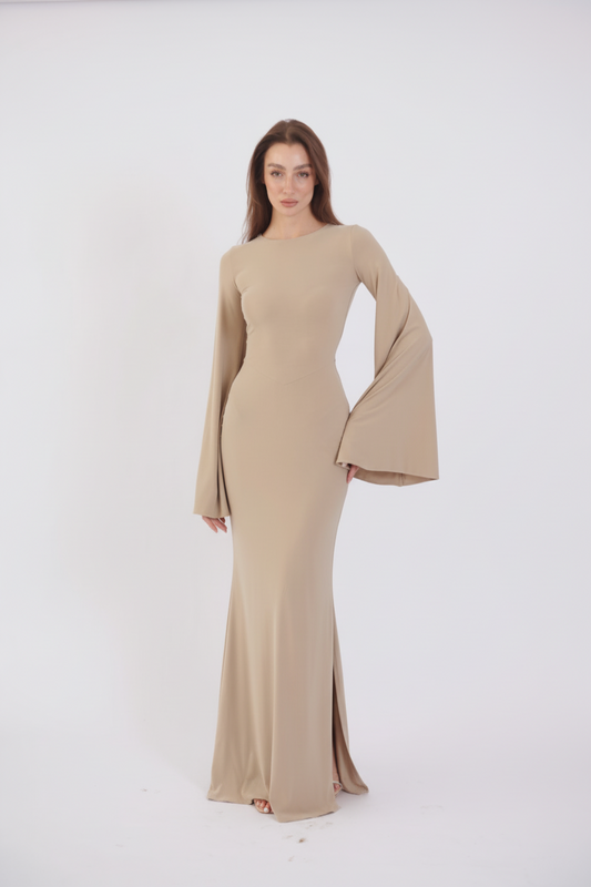 Valentina Long Sleeve Maxi Dress - Nude - Flowy Double Layered Gown