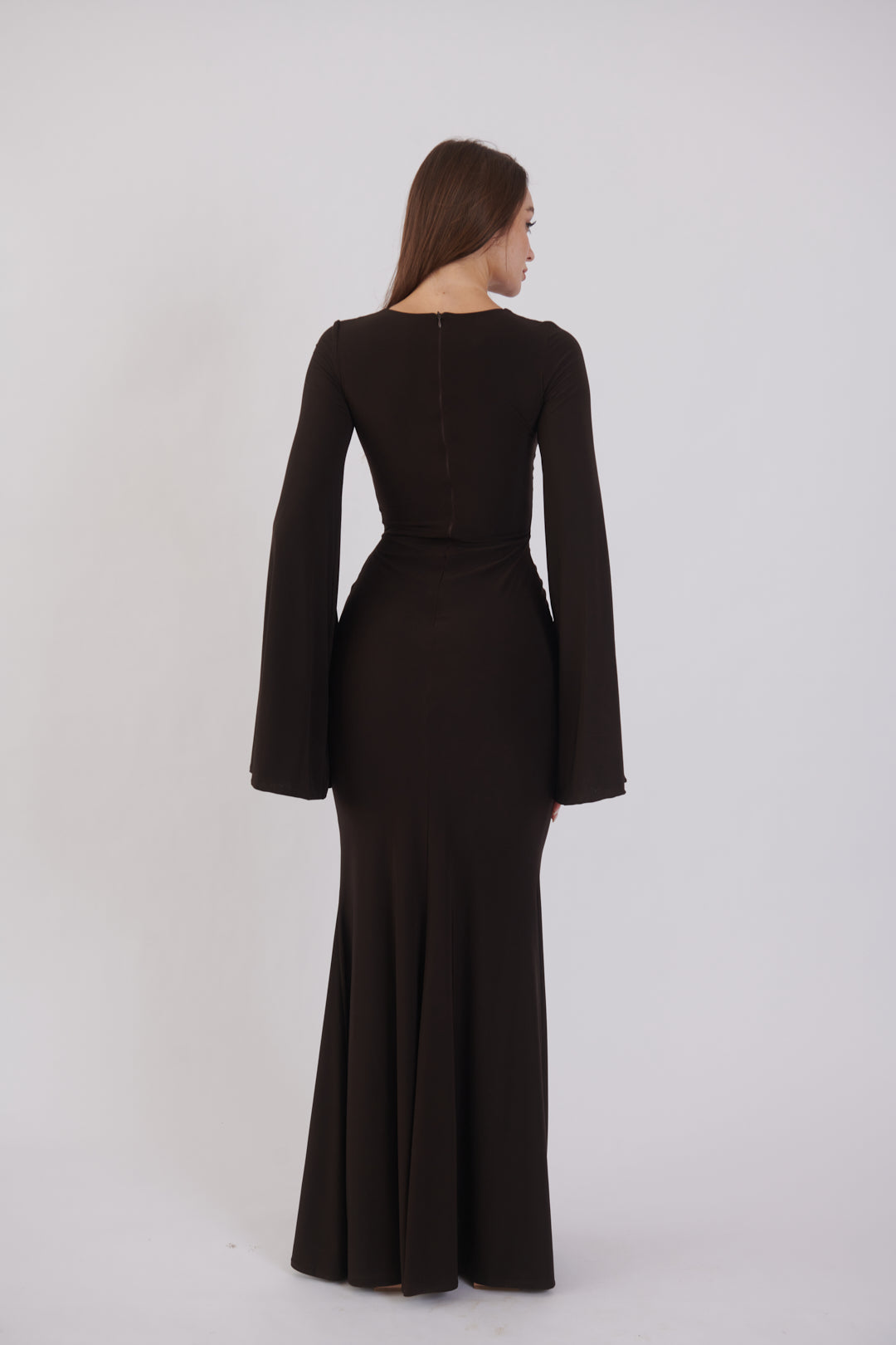 Valentina Long Sleeve Maxi Dress - Chocolate Brown - Flowy Double Layered Gown