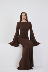 Valentina Long Sleeve Maxi Dress - Chocolate Brown - Flowy Double Layered Gown