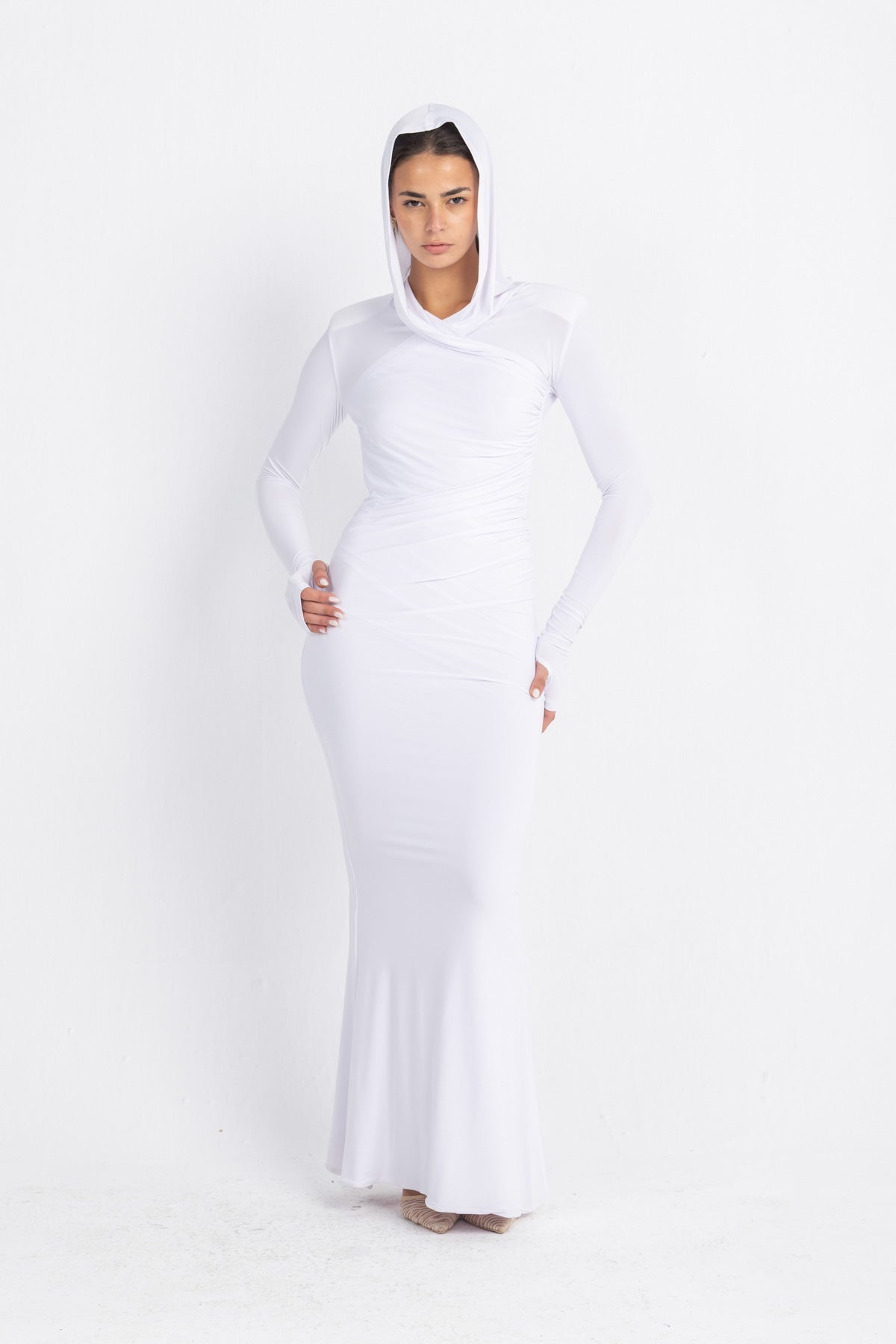 Hera Hooded Dress – White | Double Layer Lycra | Ruffled Side Detail