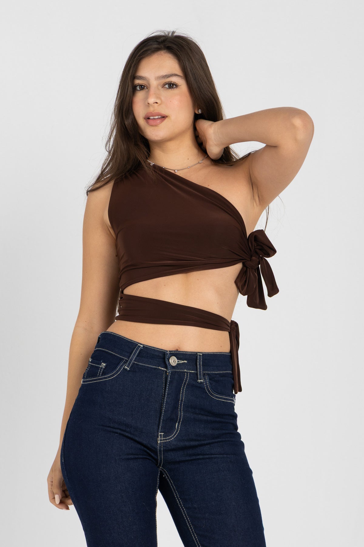 Abstract One-Shoulder Wrap Top – Chocolate Brown