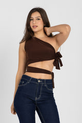 Abstract One-Shoulder Wrap Top – Chocolate Brown