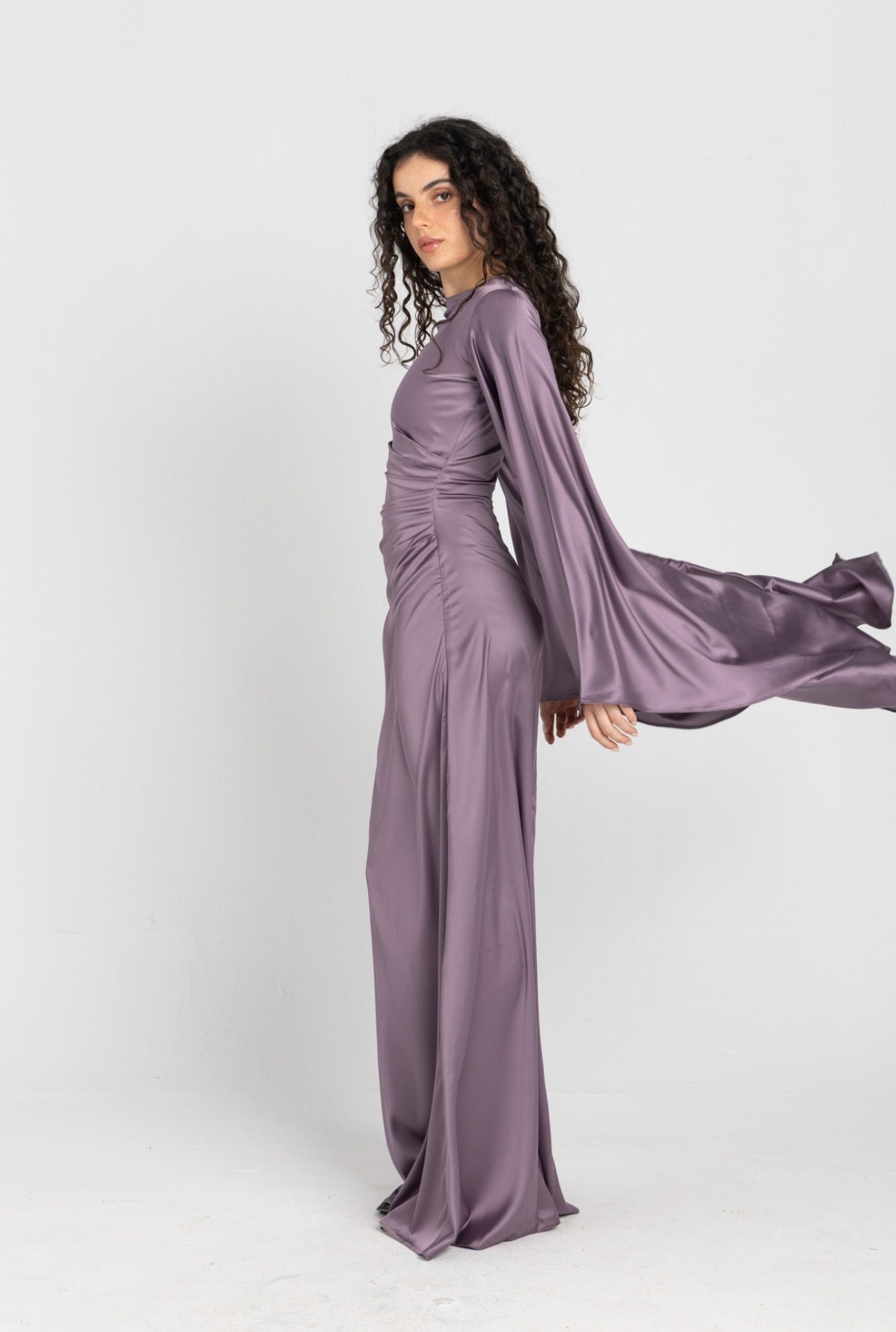 Sun Dress in Lilac – floor-length satin maxi dress with flared sleeves and gathered waist
