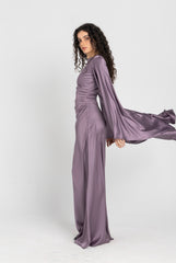 Sun Dress in Lilac – floor-length satin maxi dress with flared sleeves and gathered waist
