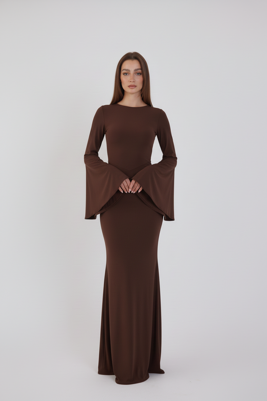 Valentina Long Sleeve Maxi Dress - Chocolate Brown - Flowy Double Layered Gown
