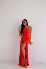 Francesca Gown orange one-shoulder gown close-up ruffle detail – Sand