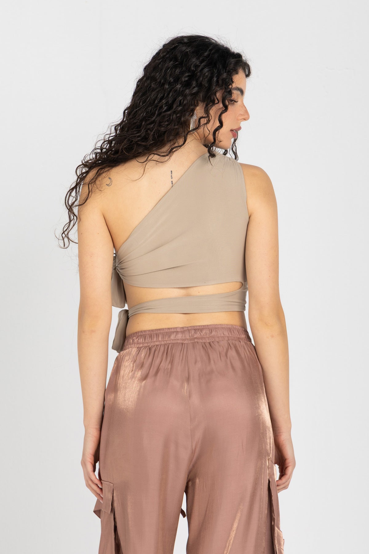Abstract One-Shoulder Wrap Top – Nude Beige