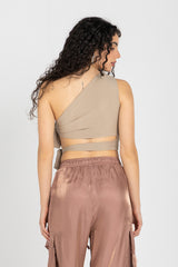Abstract One-Shoulder Wrap Top – Nude Beige