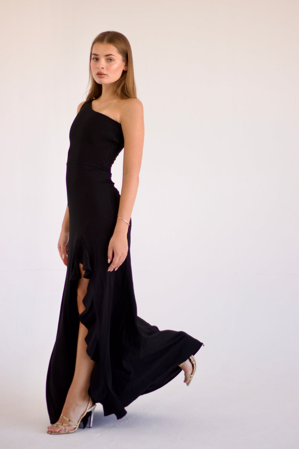 Francesca Gown one-shoulder black evening dress with ruffle detail and side slit – Sand