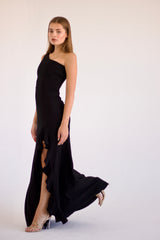 Francesca Gown one-shoulder black evening dress with ruffle detail and side slit – Sand