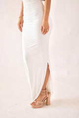 White Athena Dress | Frilly Ruched Maxi with Side Slit