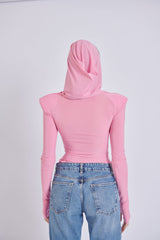 Bubble Gum Pink Thea Bodysuit – structured shoulder stretch bodysuit with hourglass silhouette | sand
