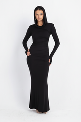 Hera Hooded Dress – Black | Double Layer Lycra | Ruffled Side Detail