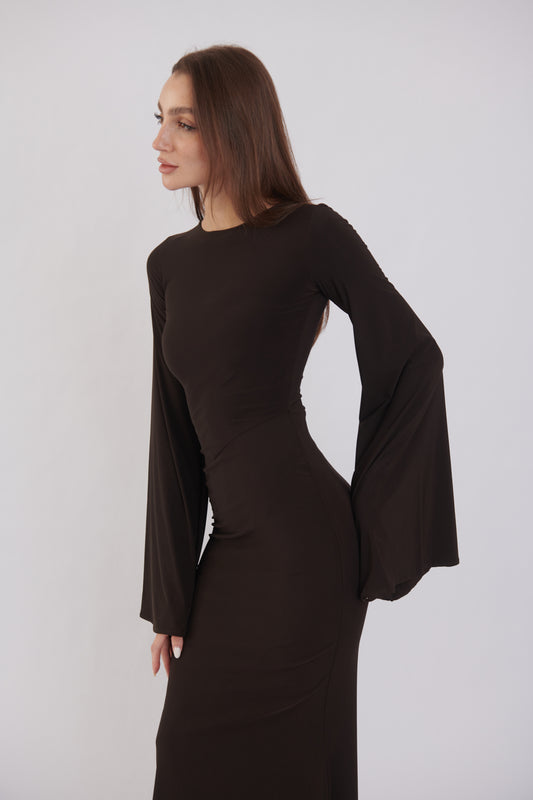 Valentina Long Sleeve Maxi Dress - Chocolate Brown - Flowy Double Layered Gown
