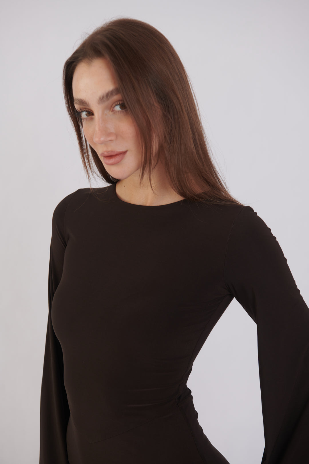 Valentina Long Sleeve Maxi Dress - Chocolate Brown - Flowy Double Layered Gown