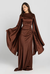 Sun Dress in Brown – floor-length satin maxi dress with flared sleeves and gathered waist
