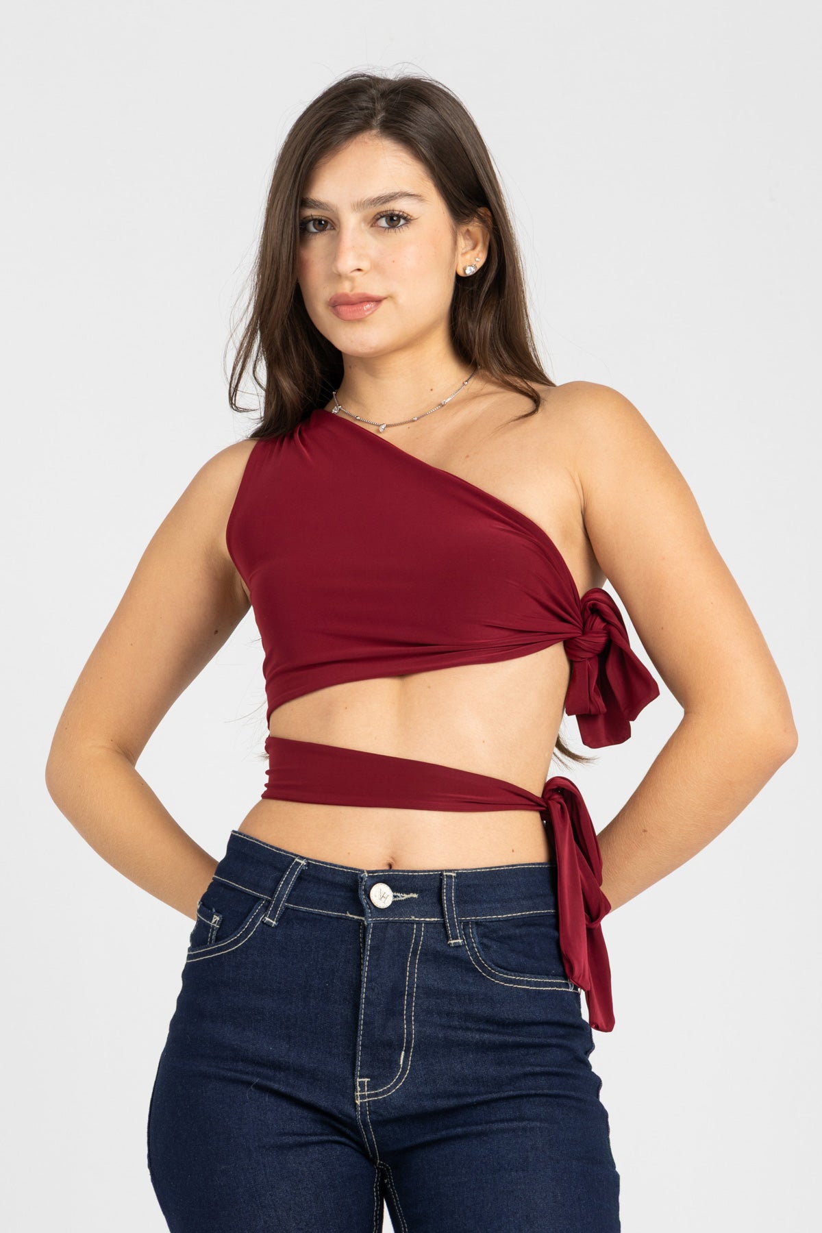 Abstract One-Shoulder Wrap Top – Burgundy