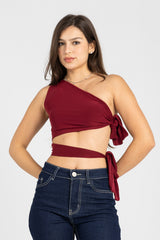 Abstract One-Shoulder Wrap Top – Burgundy