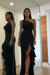 Francesca Gown one-shoulder black evening dress with ruffle detail and side slit – Sand