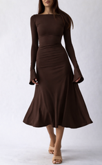 Chocolate Brown Kate Dress | Fitted & Flowy Double-Layer Lycra Dress