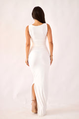 White Athena Dress | Frilly Ruched Maxi with Side Slit