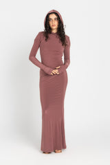 Hera Hooded Dress – Dusty Rosewood | Double Layer Lycra | Ruffled Side Detail