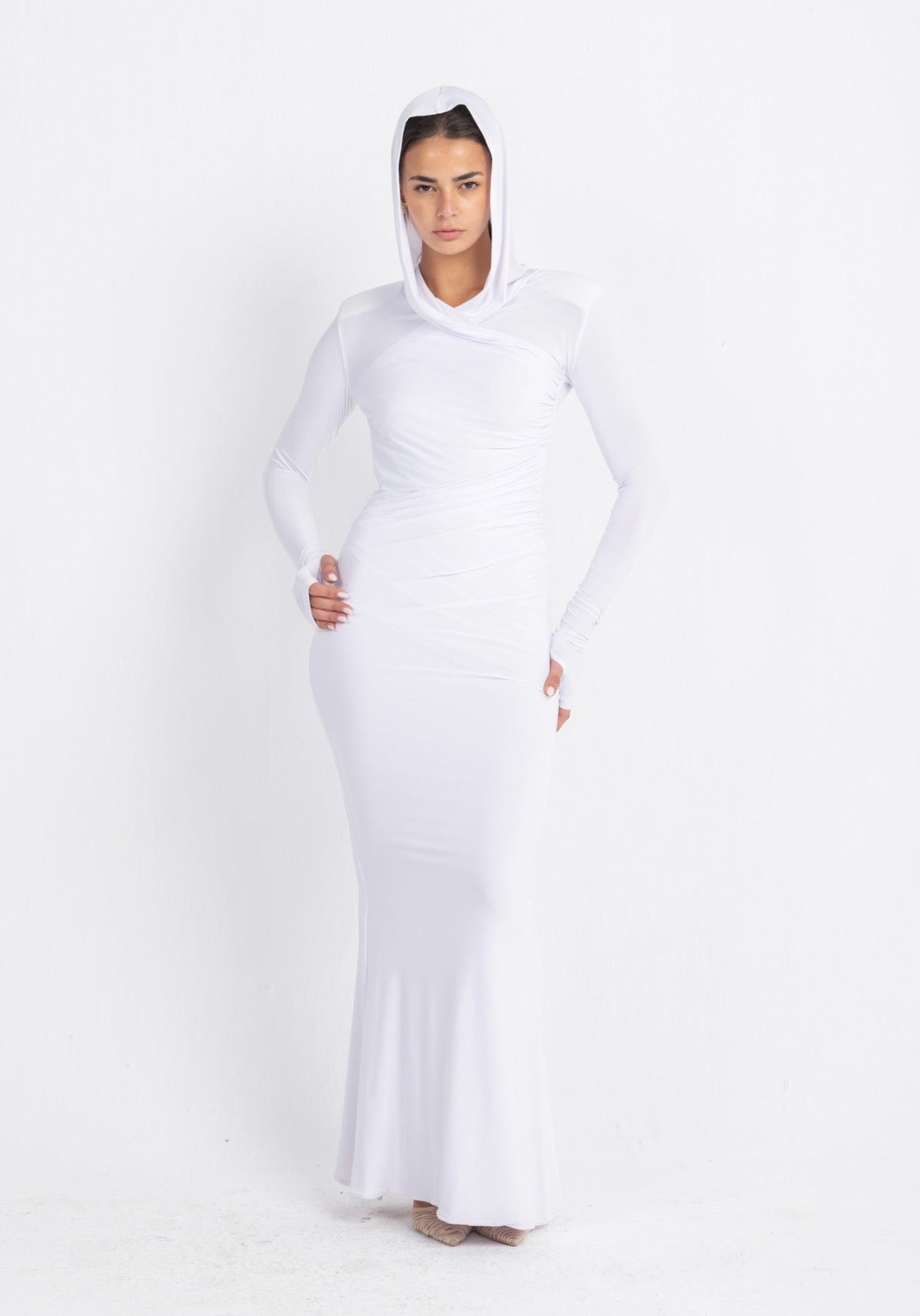 Hera Hooded Dress – White | Double Layer Lycra | Ruffled Side Detail