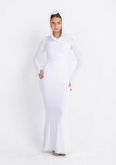 Hera Hooded Dress – White | Double Layer Lycra | Ruffled Side Detail