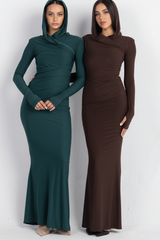 Hera Hooded Dress – Emerald | Double Layer Lycra | Ruffled Side Detail