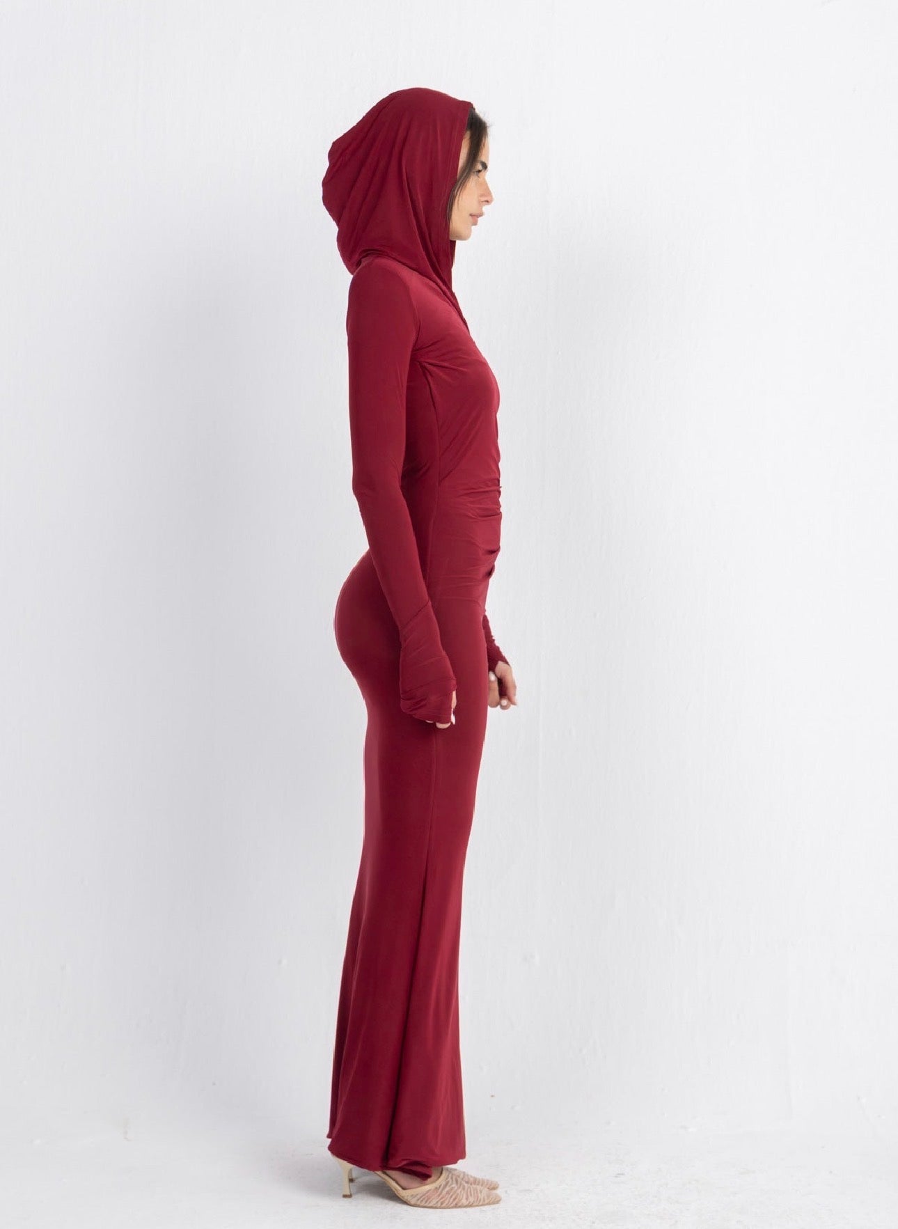 Hera Hooded Dress – Burgundy | Double Layer Lycra | Ruffled Side Detail