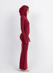 Hera Hooded Dress – Burgundy | Double Layer Lycra | Ruffled Side Detail