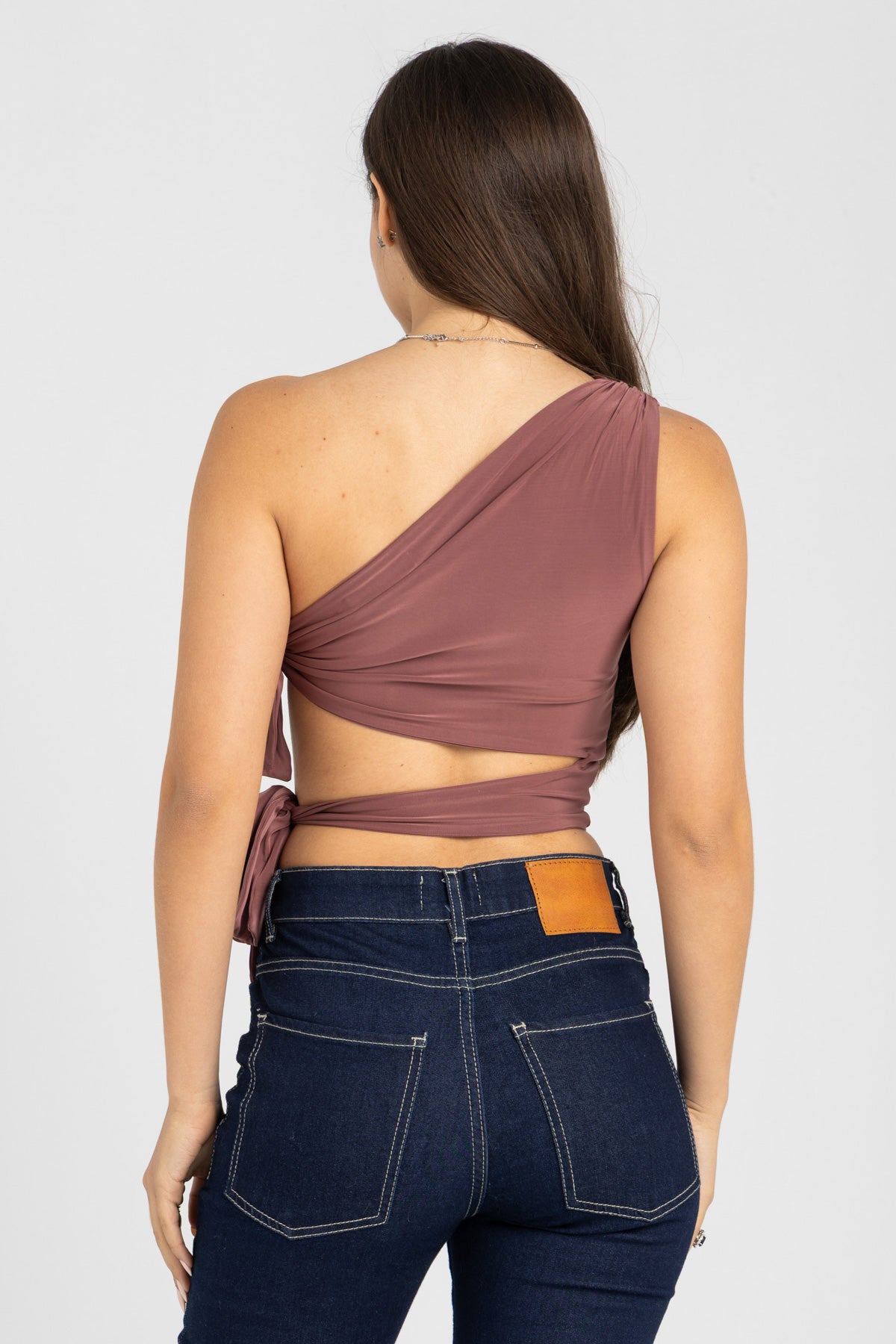 Abstract One-Shoulder Wrap Top – Dusty Rosewood