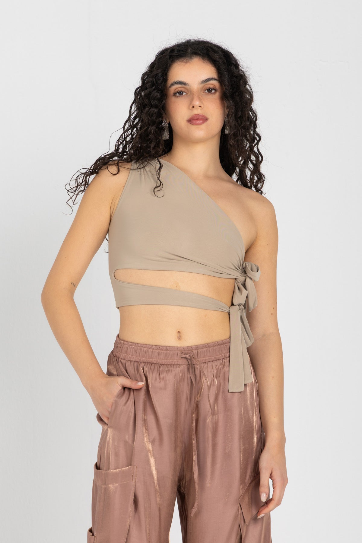 Abstract One-Shoulder Wrap Top – Nude Beige
