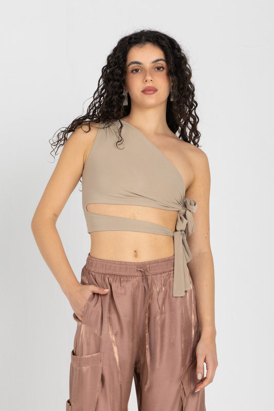 Abstract One-Shoulder Wrap Top – Nude Beige