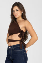 Abstract One-Shoulder Wrap Top – Chocolate Brown