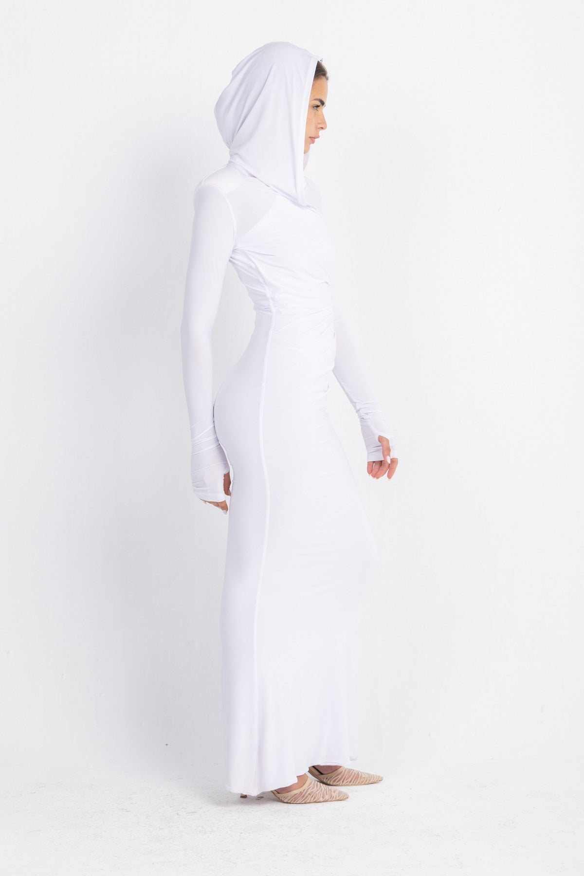 Hera Hooded Dress – White | Double Layer Lycra | Ruffled Side Detail