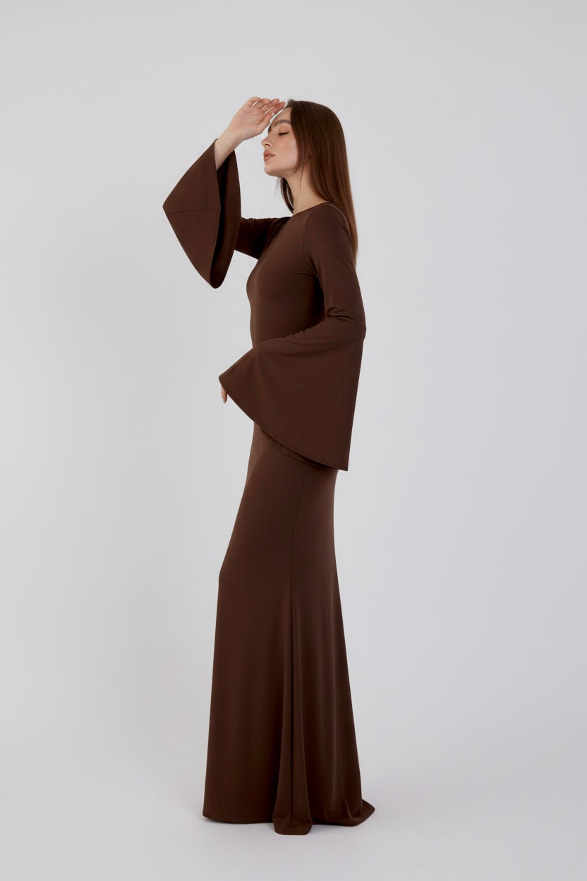 Valentina Long Sleeve Maxi Dress - Chocolate Brown - Flowy Double Layered Gown