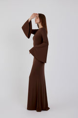 Valentina Long Sleeve Maxi Dress - Chocolate Brown - Flowy Double Layered Gown