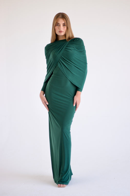 Jeanne Double-Layered Ruched Dress - Luxe Green