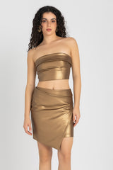 Crest Cut Skirt – Gold | Metallic Asymmetric Mini Skirt