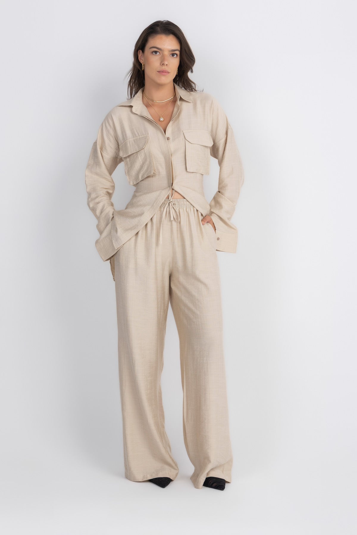 Double Belted Chemise Set — Beige