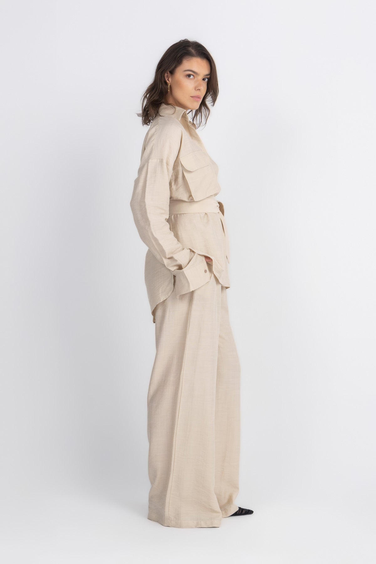 Double Belted Chemise Set — Beige