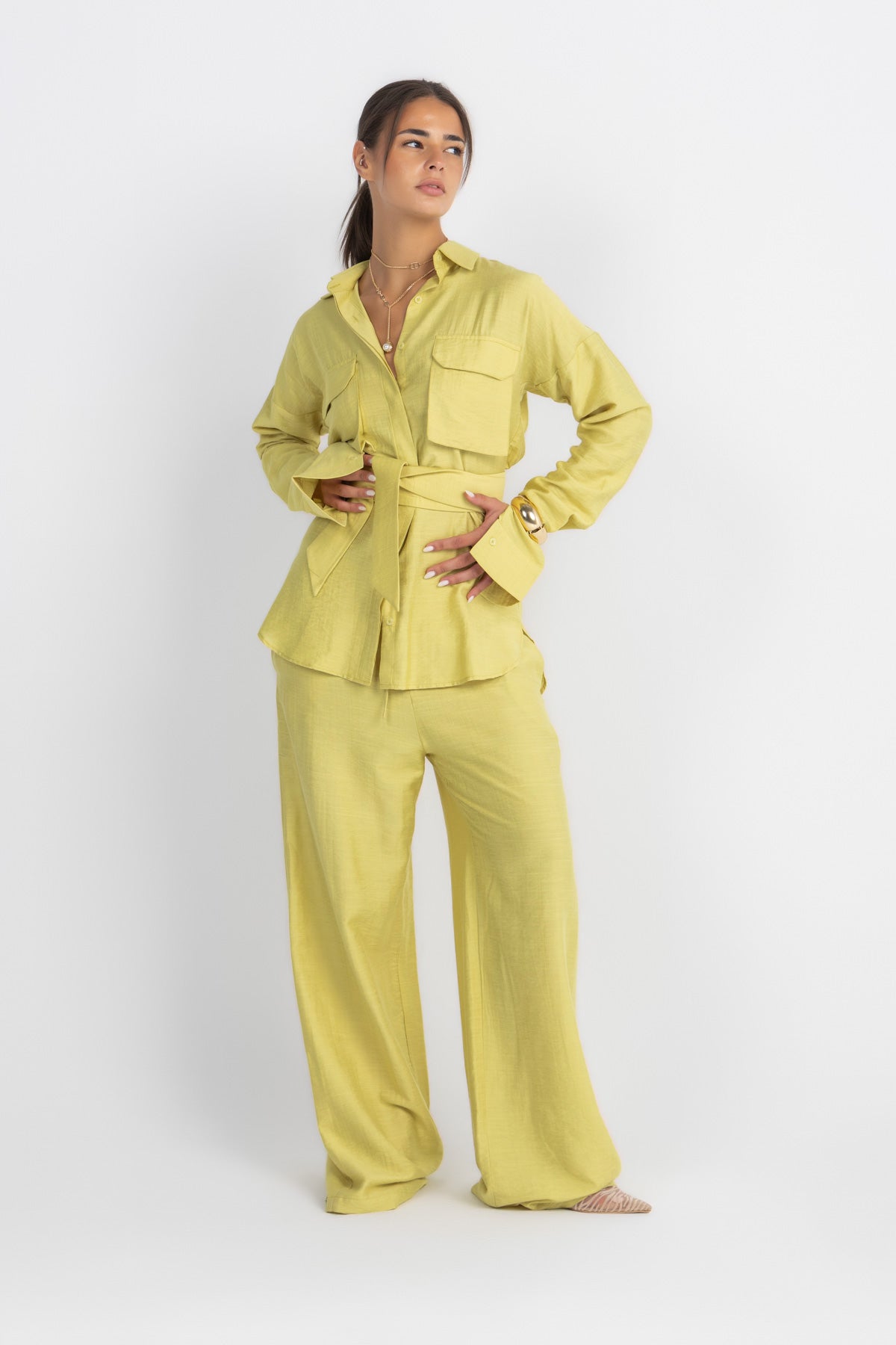 Double Belted Chemise Set — Apple Green