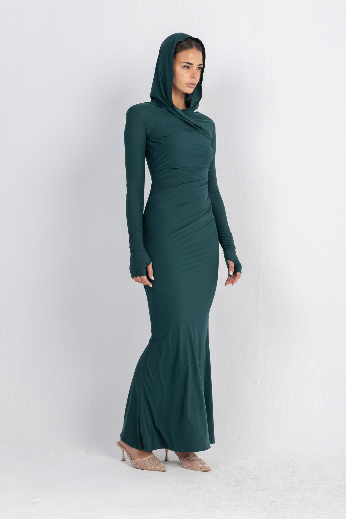 Hera Hooded Dress – Emerald | Double Layer Lycra | Ruffled Side Detail