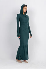 Hera Hooded Dress – Emerald | Double Layer Lycra | Ruffled Side Detail