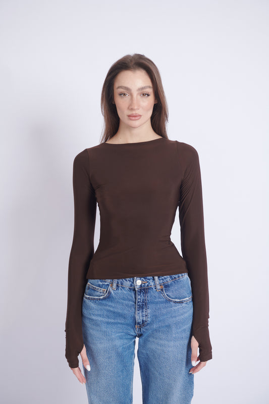 Double-Layer Long Sleeve Top - Chocolate Brown